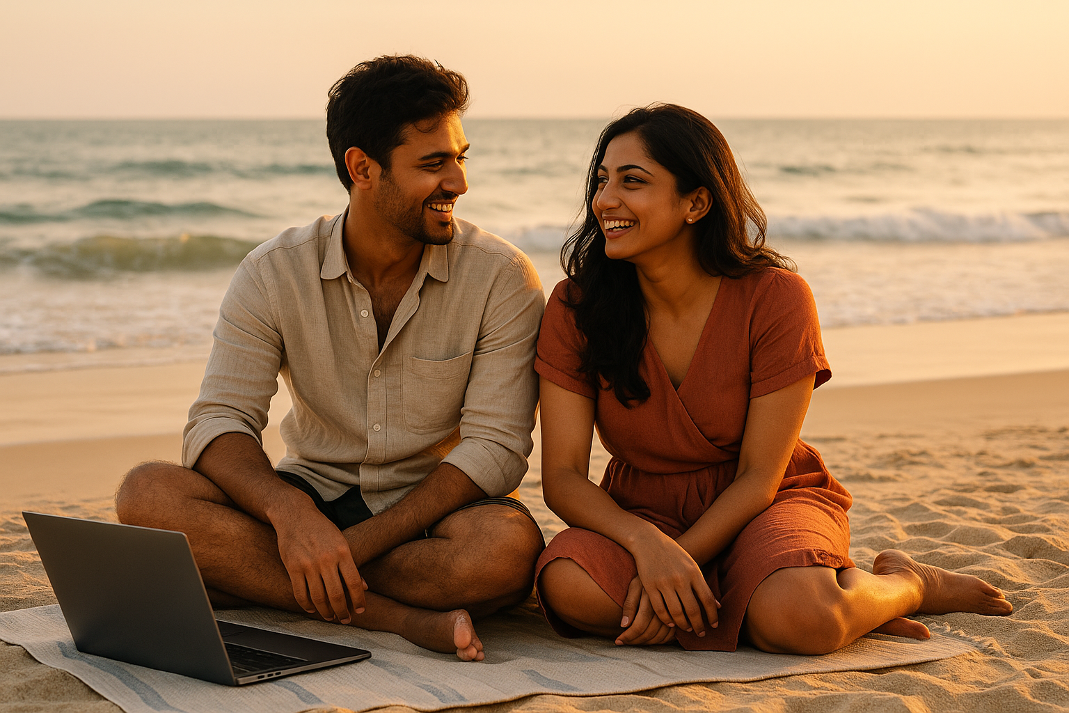 Happy Indian DINK couple enjoying financial freedom and travel lifestyle - dual income no kids benefits